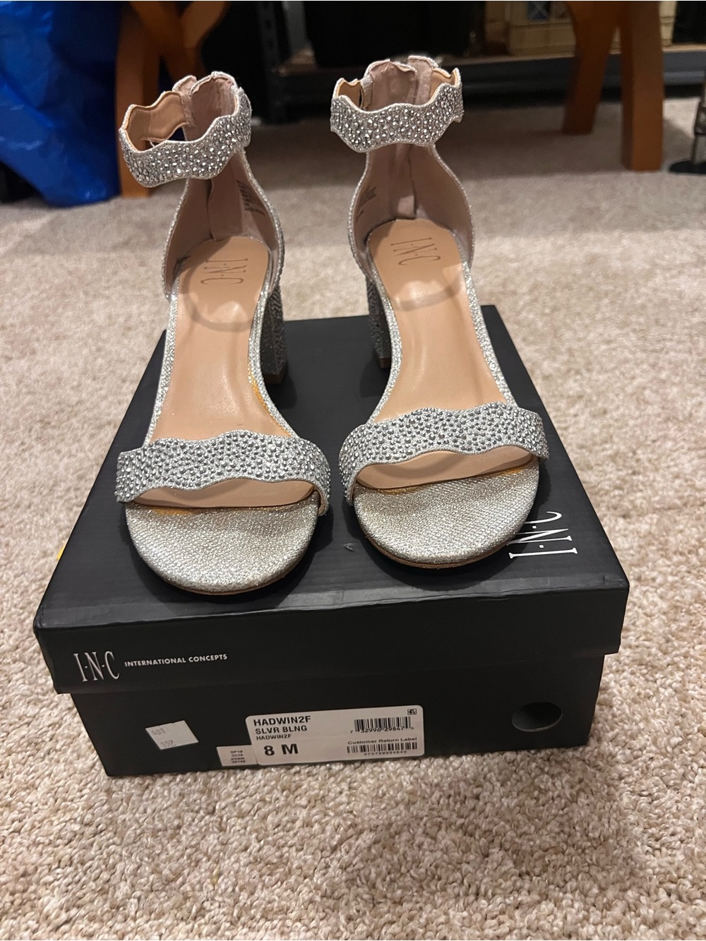 INC International Concepts Sparkling Silver Ankle-Strap Block Heels